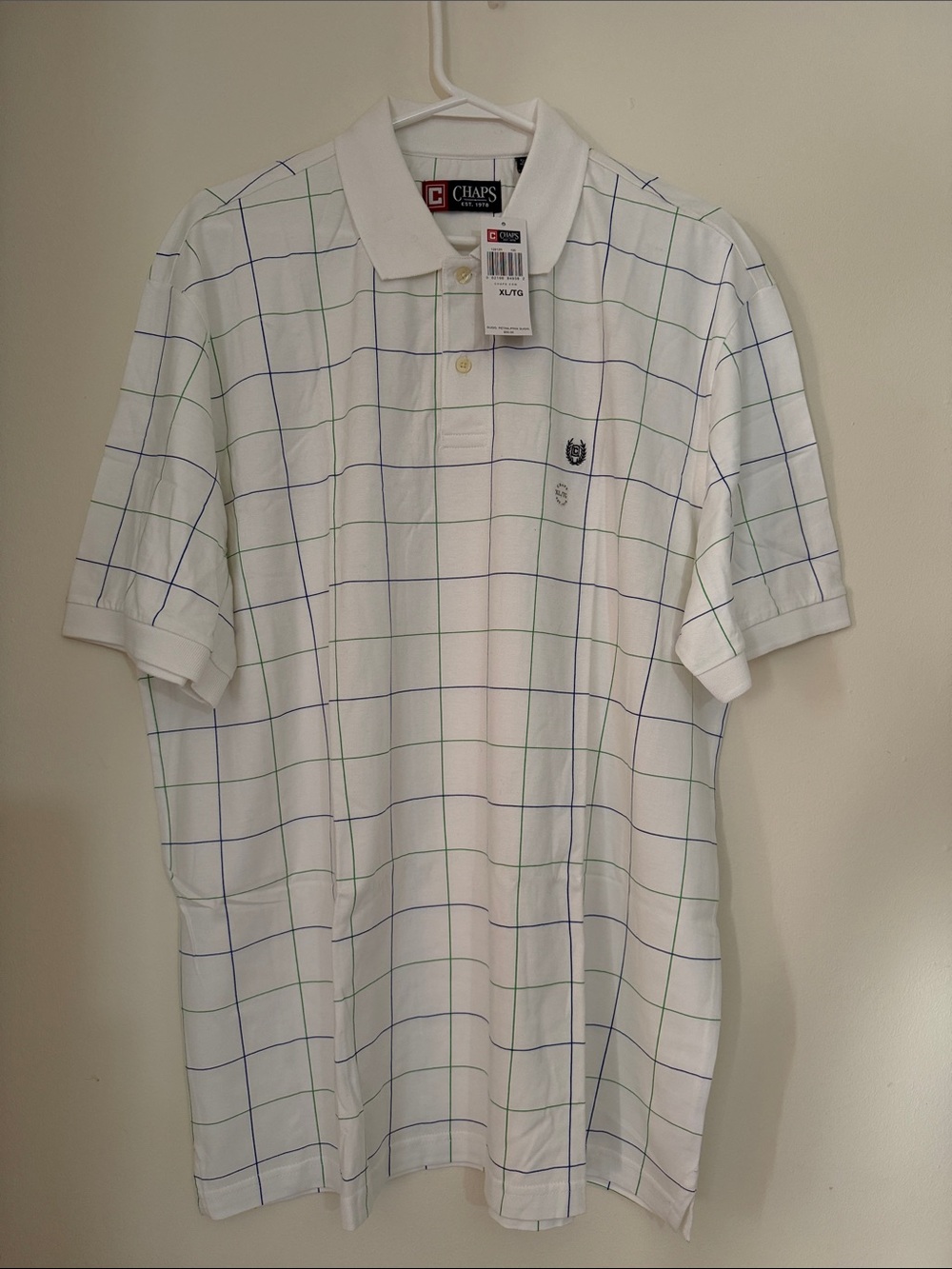 Chaps White Polo with Blue & Green Windowpane, SIZE XL